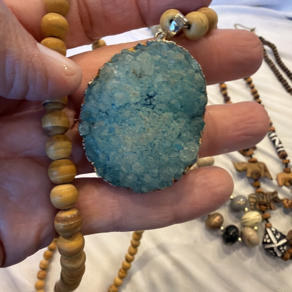 Lot of 5 Boho Statement Necklaces Wood Bead Druzy Pendant Chunky Artisan Jewelry - Picture 7 of 12